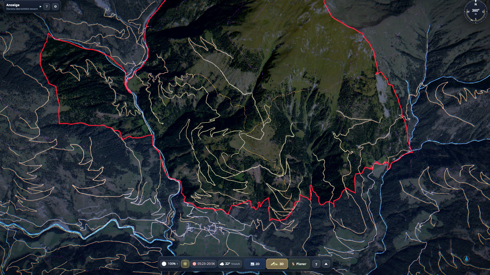Tracks and waterways across the terrain
