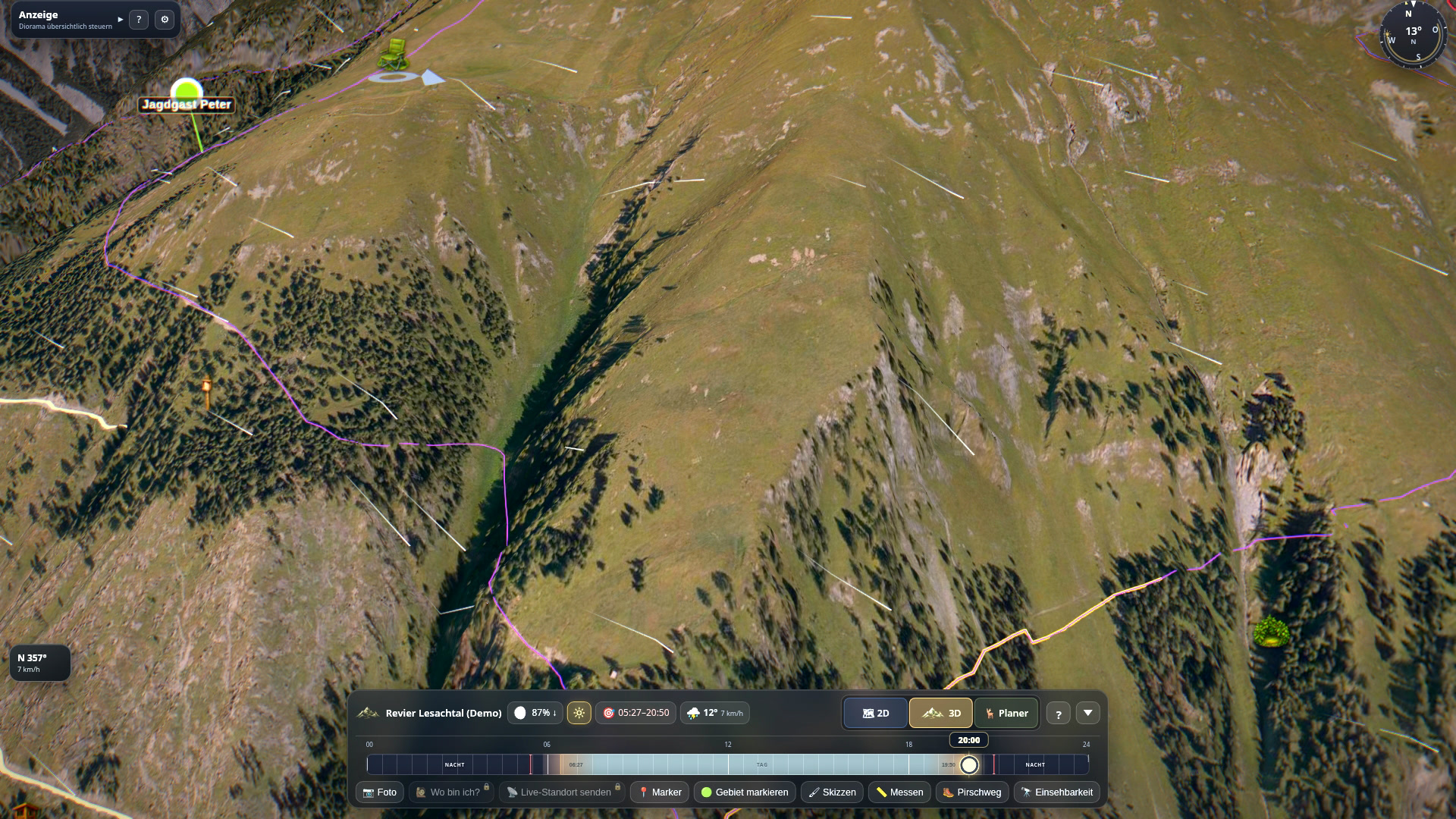 Wind and weather in the 3D ground, with forecast