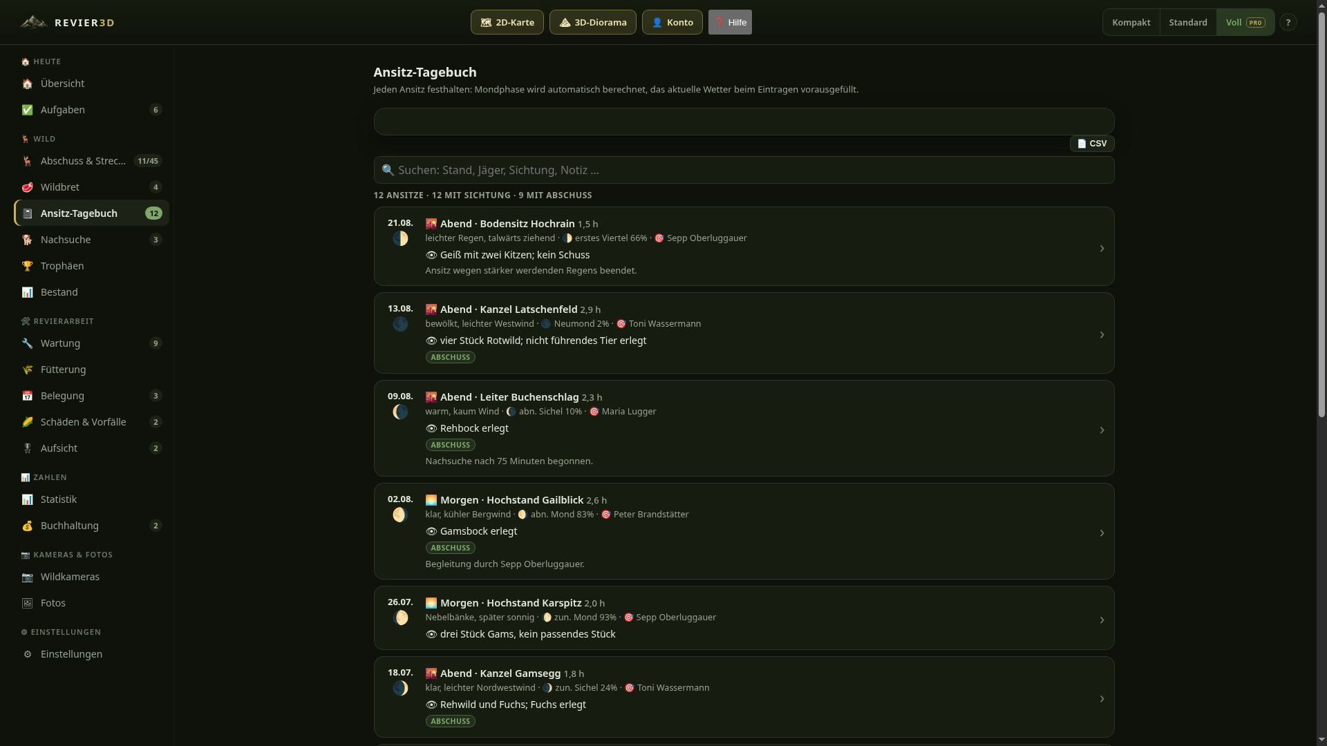 Hunting journal with weather and moon data