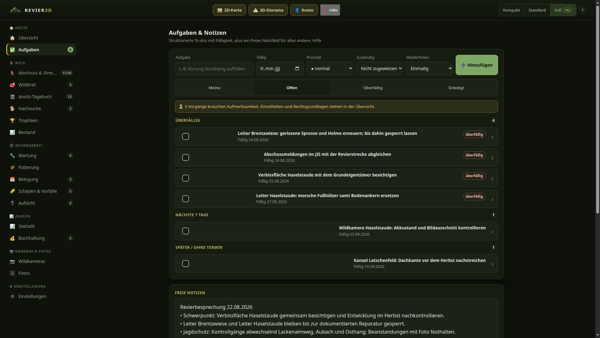 Tasks and notes for the hunting ground